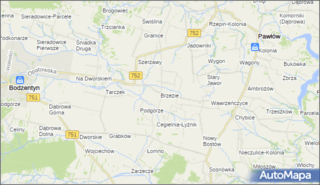 mapa Brzezie gmina Pawłów, Brzezie gmina Pawłów na mapie Targeo