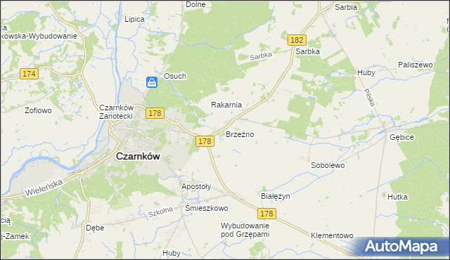 mapa Brzeźno gmina Czarnków, Brzeźno gmina Czarnków na mapie Targeo