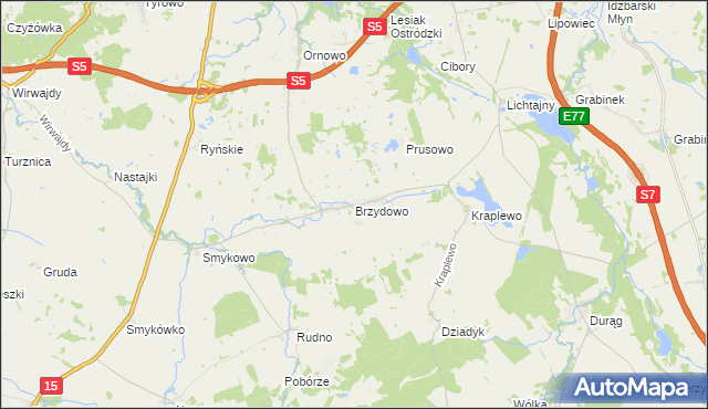 mapa Brzydowo gmina Ostróda, Brzydowo gmina Ostróda na mapie Targeo