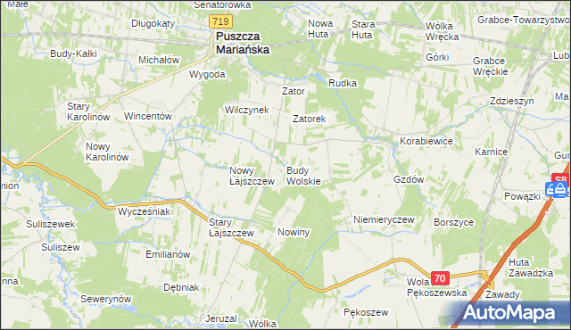 mapa Budy Wolskie gmina Puszcza Mariańska, Budy Wolskie gmina Puszcza Mariańska na mapie Targeo