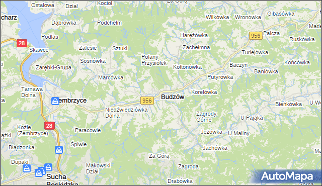 mapa Budzów powiat suski, Budzów powiat suski na mapie Targeo