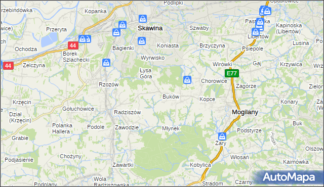 mapa Buków gmina Mogilany, Buków gmina Mogilany na mapie Targeo