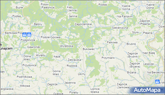 mapa Bukowiec gmina Korzenna, Bukowiec gmina Korzenna na mapie Targeo