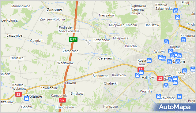 mapa Cerekiew gmina Zakrzew, Cerekiew gmina Zakrzew na mapie Targeo