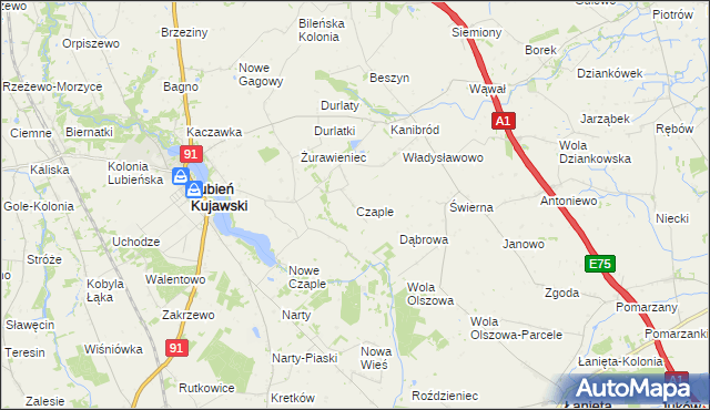 mapa Czaple gmina Lubień Kujawski, Czaple gmina Lubień Kujawski na mapie Targeo