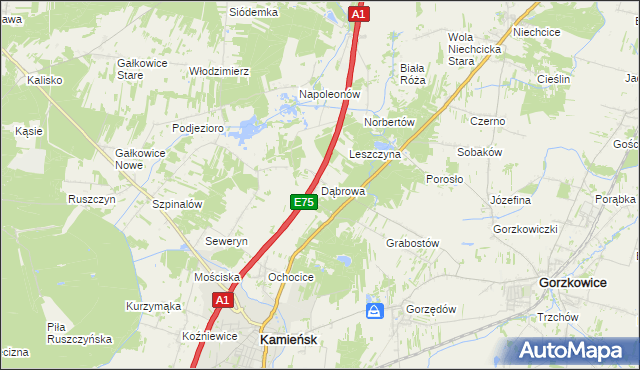 mapa Dąbrowa gmina Kamieńsk, Dąbrowa gmina Kamieńsk na mapie Targeo