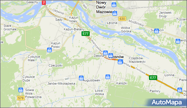 mapa Dębina gmina Czosnów, Dębina gmina Czosnów na mapie Targeo