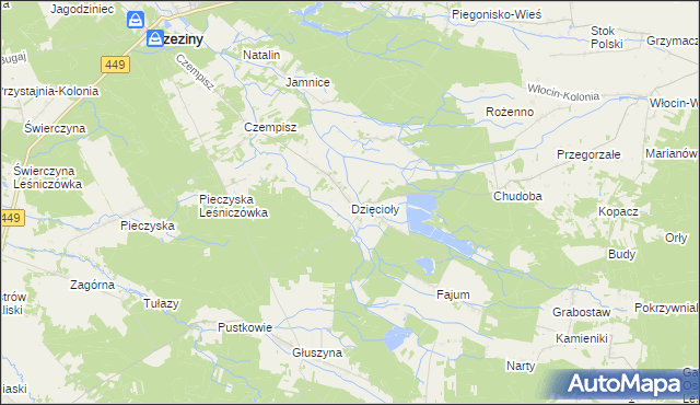 mapa Dzięcioły gmina Brzeziny, Dzięcioły gmina Brzeziny na mapie Targeo