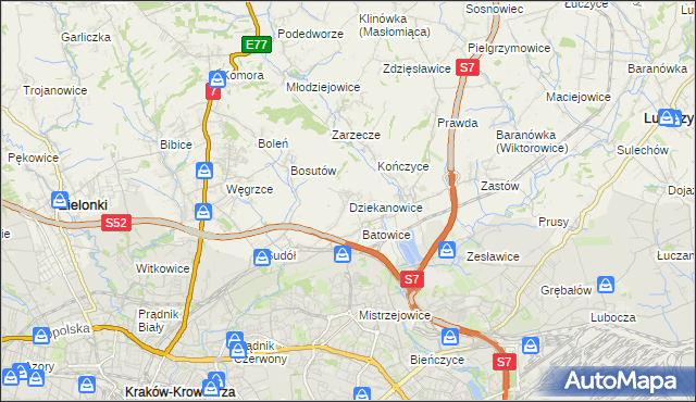 mapa Dziekanowice gmina Zielonki, Dziekanowice gmina Zielonki na mapie Targeo