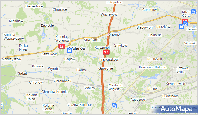 mapa Franciszków gmina Wolanów, Franciszków gmina Wolanów na mapie Targeo