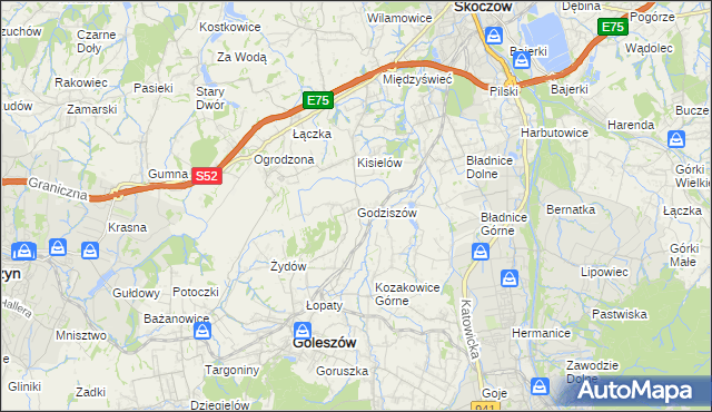 mapa Godziszów gmina Goleszów, Godziszów gmina Goleszów na mapie Targeo