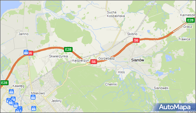 mapa Gorzebądz gmina Sianów, Gorzebądz gmina Sianów na mapie Targeo