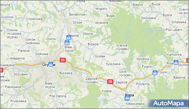 mapa Gródek gmina Grybów, Gródek gmina Grybów na mapie Targeo