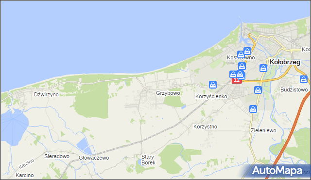 mapa Grzybowo gmina Kołobrzeg, Grzybowo gmina Kołobrzeg na mapie Targeo