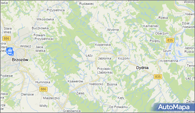 mapa Jabłonka gmina Dydnia, Jabłonka gmina Dydnia na mapie Targeo