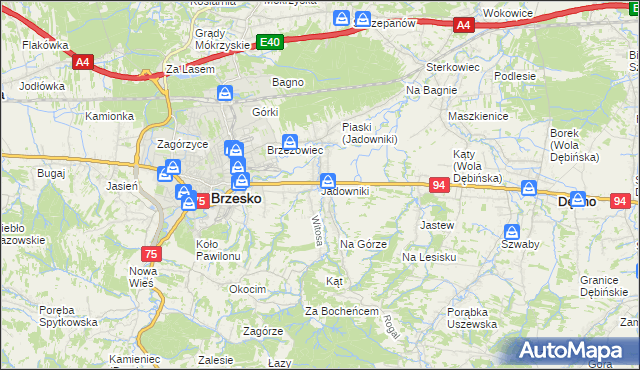 mapa Jadowniki gmina Brzesko, Jadowniki gmina Brzesko na mapie Targeo