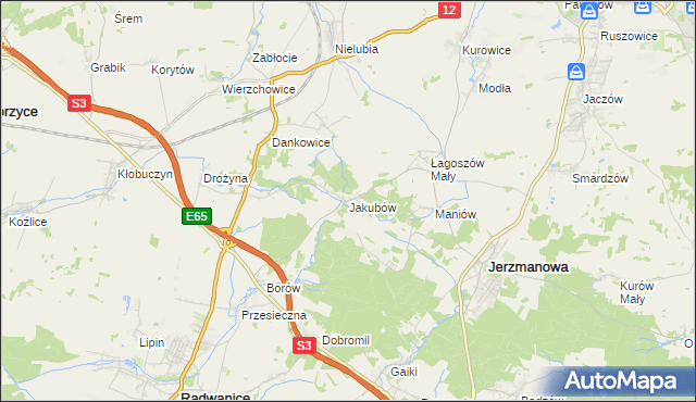 mapa Jakubów gmina Radwanice, Jakubów gmina Radwanice na mapie Targeo