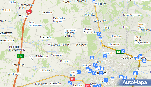 mapa Janiszew gmina Zakrzew, Janiszew gmina Zakrzew na mapie Targeo