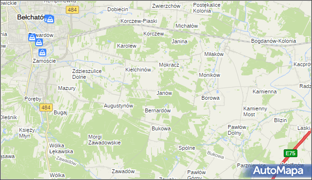 mapa Janów gmina Bełchatów, Janów gmina Bełchatów na mapie Targeo