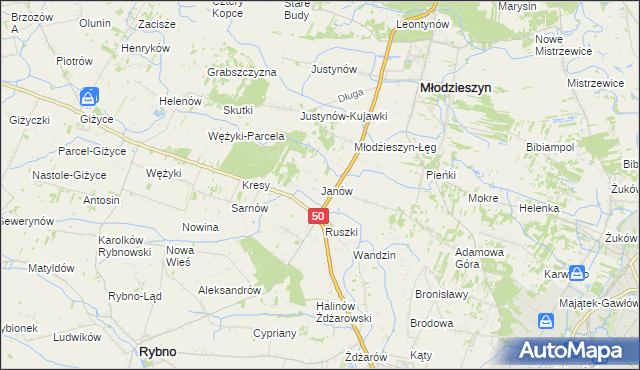 mapa Janów gmina Młodzieszyn, Janów gmina Młodzieszyn na mapie Targeo