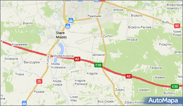 mapa Janowice gmina Stare Miasto, Janowice gmina Stare Miasto na mapie Targeo