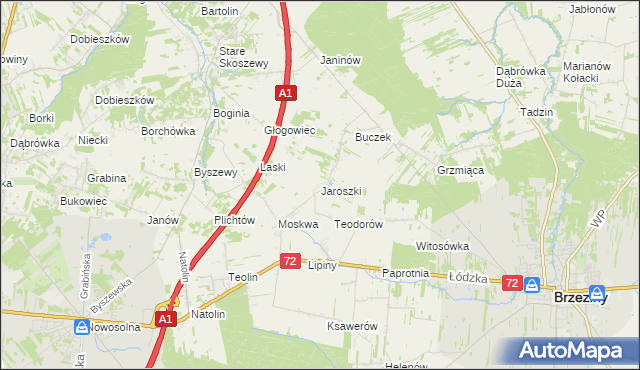 mapa Jaroszki gmina Brzeziny, Jaroszki gmina Brzeziny na mapie Targeo