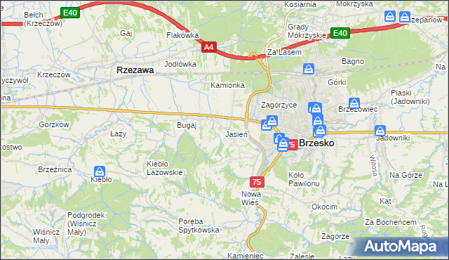 mapa Jasień gmina Brzesko, Jasień gmina Brzesko na mapie Targeo