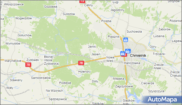 mapa Jasień gmina Chmielnik, Jasień gmina Chmielnik na mapie Targeo