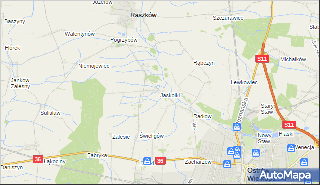 mapa Jaskółki gmina Raszków, Jaskółki gmina Raszków na mapie Targeo