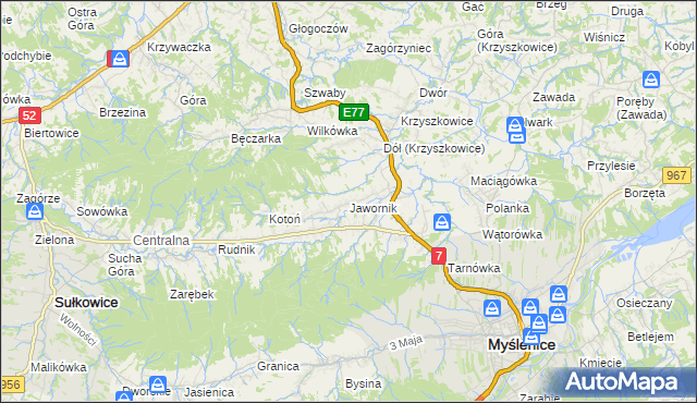 mapa Jawornik gmina Myślenice, Jawornik gmina Myślenice na mapie Targeo