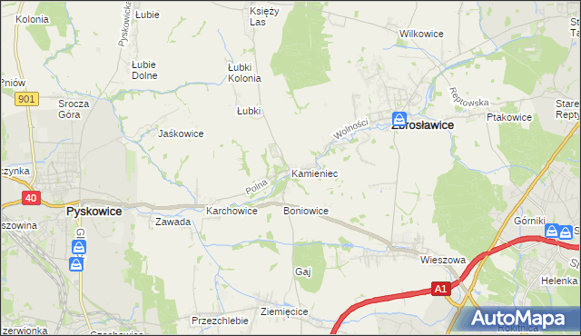 mapa Kamieniec gmina Zbrosławice, Kamieniec gmina Zbrosławice na mapie Targeo