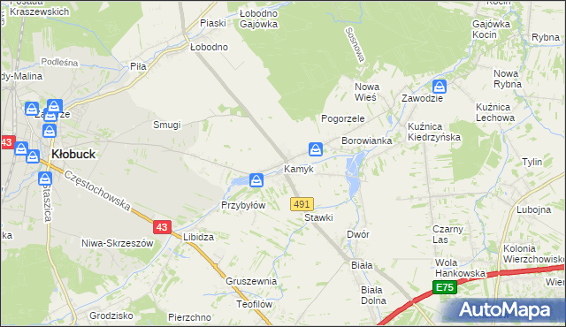 mapa Kamyk gmina Kłobuck, Kamyk gmina Kłobuck na mapie Targeo