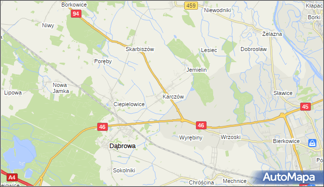 mapa Karczów gmina Dąbrowa, Karczów gmina Dąbrowa na mapie Targeo