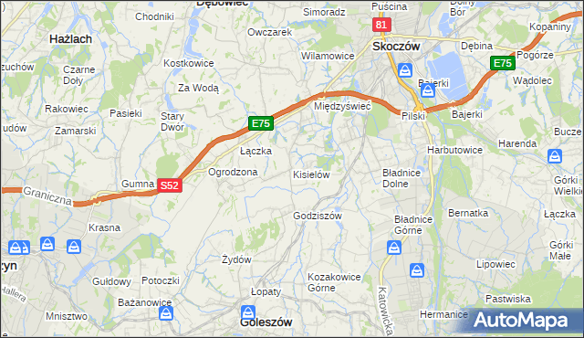 mapa Kisielów gmina Goleszów, Kisielów gmina Goleszów na mapie Targeo