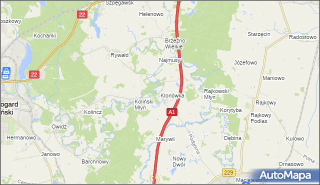 mapa Klonówka gmina Starogard Gdański, Klonówka gmina Starogard Gdański na mapie Targeo