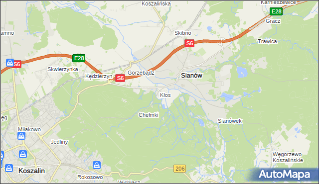 mapa Kłos gmina Sianów, Kłos gmina Sianów na mapie Targeo