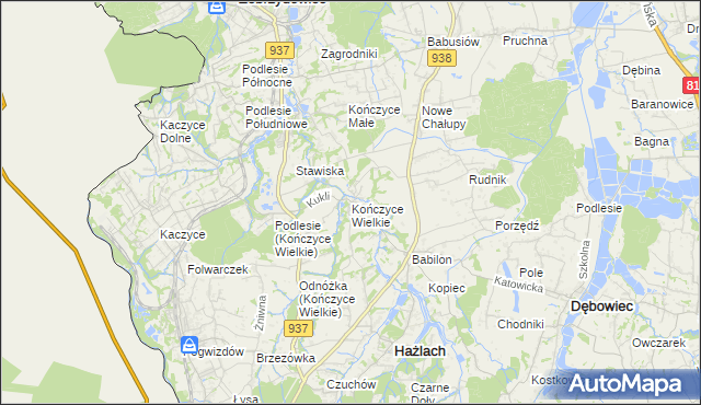 mapa Kończyce Wielkie, Kończyce Wielkie na mapie Targeo