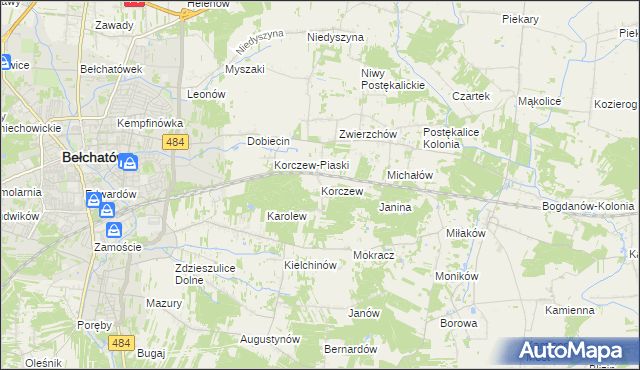 mapa Korczew gmina Bełchatów, Korczew gmina Bełchatów na mapie Targeo