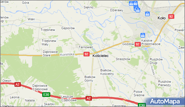 mapa Kościelec powiat kolski, Kościelec powiat kolski na mapie Targeo