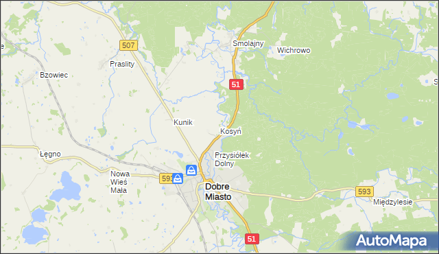 mapa Kosyń gmina Dobre Miasto, Kosyń gmina Dobre Miasto na mapie Targeo