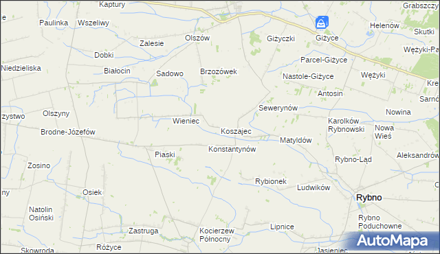 mapa Koszajec gmina Rybno, Koszajec gmina Rybno na mapie Targeo