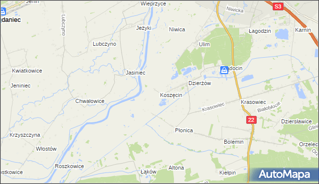mapa Koszęcin gmina Deszczno, Koszęcin gmina Deszczno na mapie Targeo
