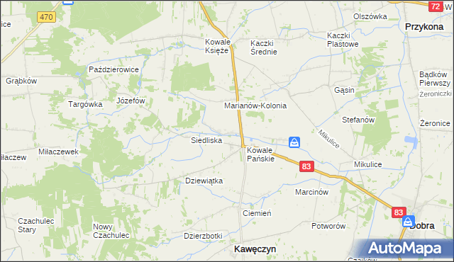 mapa Kowale Pańskie-Kolonia, Kowale Pańskie-Kolonia na mapie Targeo