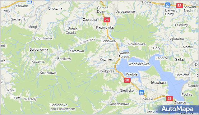 mapa Koziniec gmina Mucharz, Koziniec gmina Mucharz na mapie Targeo