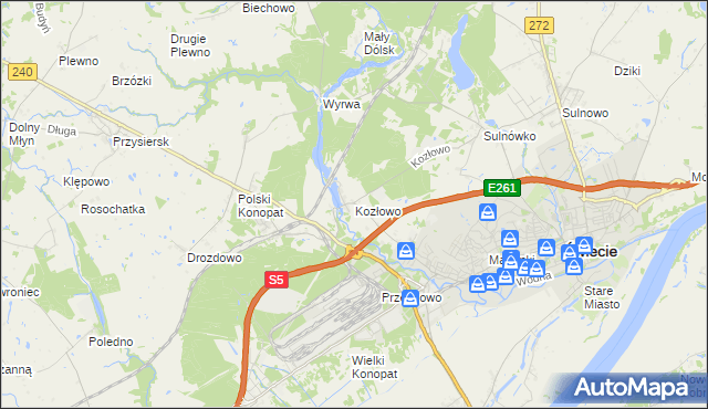mapa Kozłowo gmina Świecie, Kozłowo gmina Świecie na mapie Targeo