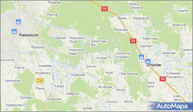 mapa Kozów gmina Smyków, Kozów gmina Smyków na mapie Targeo