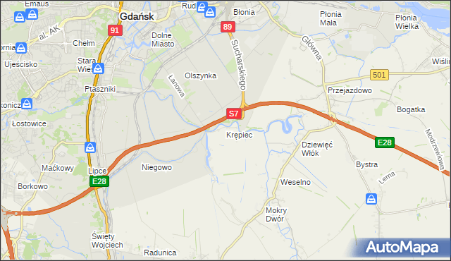 mapa Krępiec gmina Pruszcz Gdański, Krępiec gmina Pruszcz Gdański na mapie Targeo