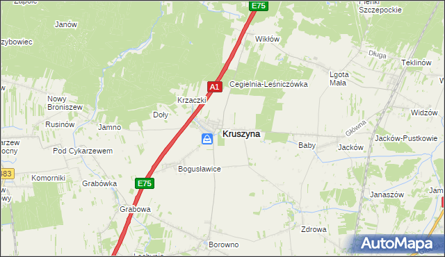 mapa Kruszyna powiat częstochowski, Kruszyna powiat częstochowski na mapie Targeo