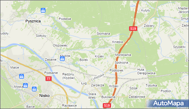 mapa Krzaki gmina Pysznica, Krzaki gmina Pysznica na mapie Targeo