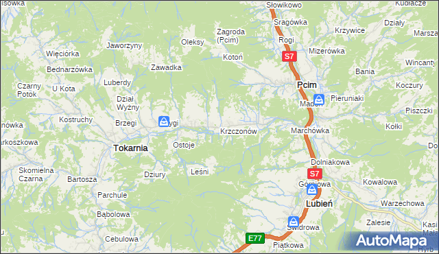 mapa Krzczonów gmina Tokarnia, Krzczonów gmina Tokarnia na mapie Targeo